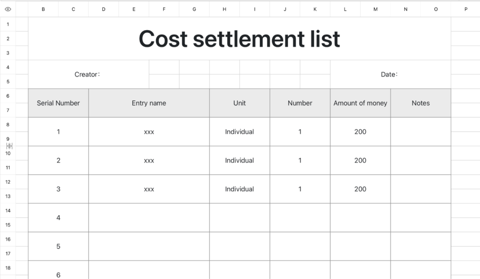 Cost settlement list 1